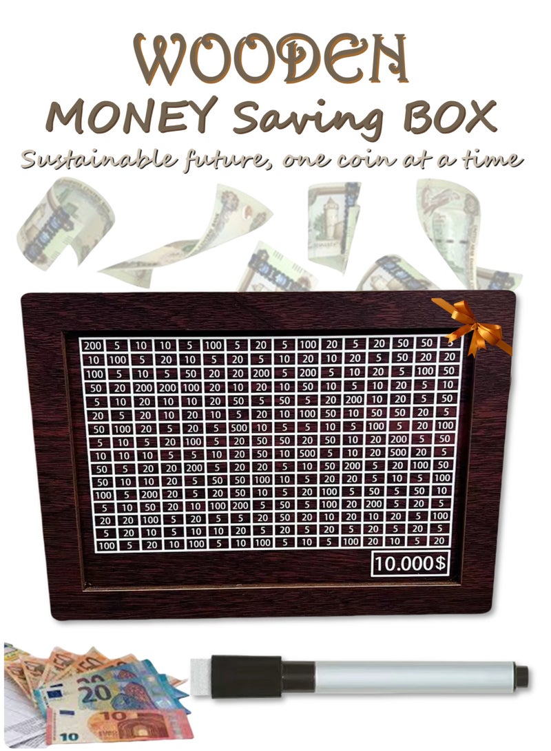YooA Wooden Money Saving Box with Nature Dark Wood|Reusable Money Box with Erasable Marker and Counter,Currency/Cash/Coin Saver, Piggy Bank, Dark Wooden Material Sturdy No Damage Reusable Smooth No Burrs Tool Saving, Money Donation Container, Target Best Holidays, Birthdays, Other Events Gift for Friends, Adults, Kids(10000 Dirhams/Dollars)  - Image 1