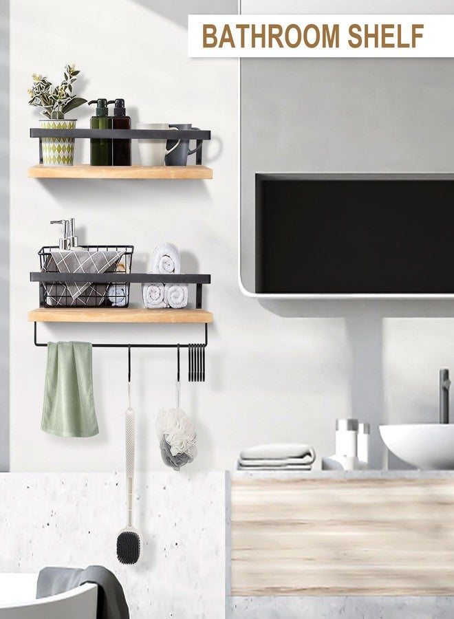 AGM أرفف عائمة من AGM، طقم أرفف عائمة للحمام مكون من قطعتين، رف تخزين جداري بني فاتح مع قضيب مناشف و8 خطافات، أرفف مثبتة على الحائط للنباتات والكتب، مناسبة للحمام وغرفة النوم والمطبخ وغرفة المعيشة - Image 2