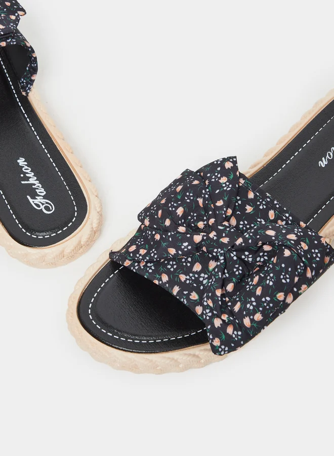 Styli Styli Floral Print Bow Detail Flat Sandals