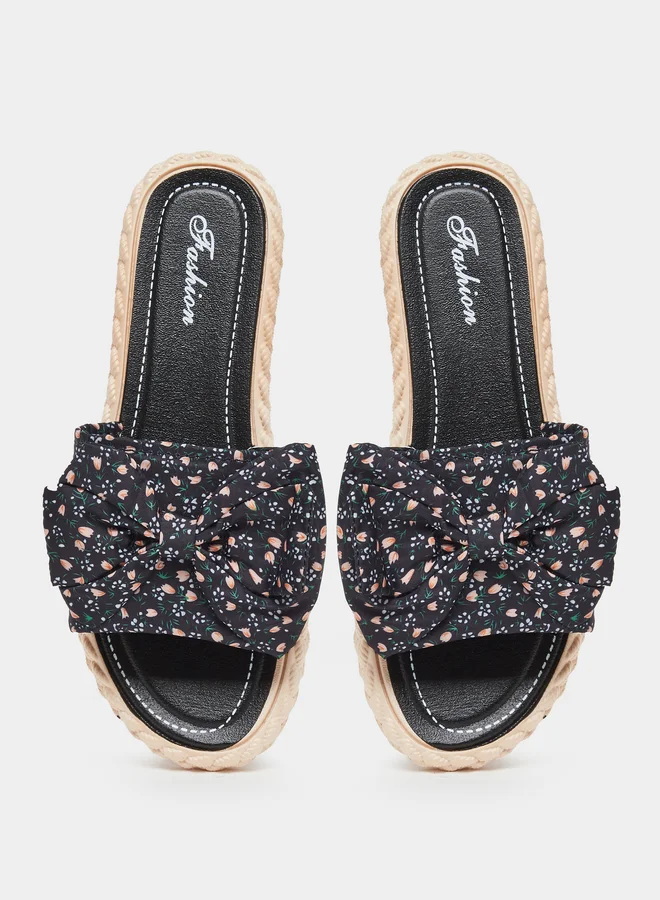 Styli Styli Floral Print Bow Detail Flat Sandals