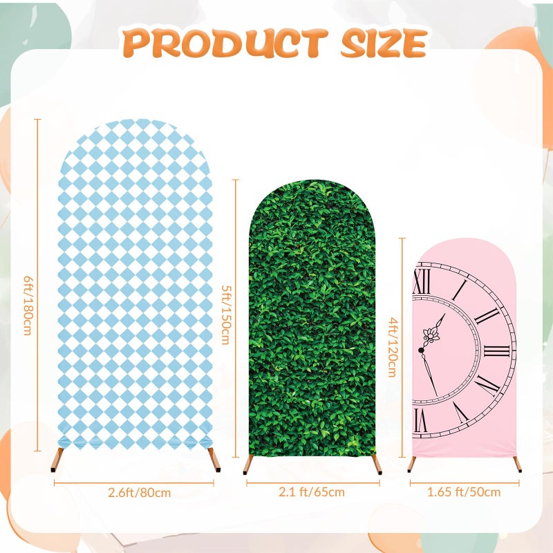 RimCereal 3 Set Wonderland Tea Party Spandex Stretch Arch Cover Backdrops Wonderland Tea Party Photo Background Checkered Grass Arch Stand Cover Photo Props for Birthday(Sweet Color,Fresh) - Image 2