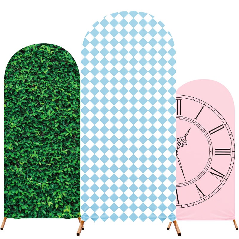RimCereal 3 Set Wonderland Tea Party Spandex Stretch Arch Cover Backdrops Wonderland Tea Party Photo Background Checkered Grass Arch Stand Cover Photo Props for Birthday(Sweet Color,Fresh) - Image 1