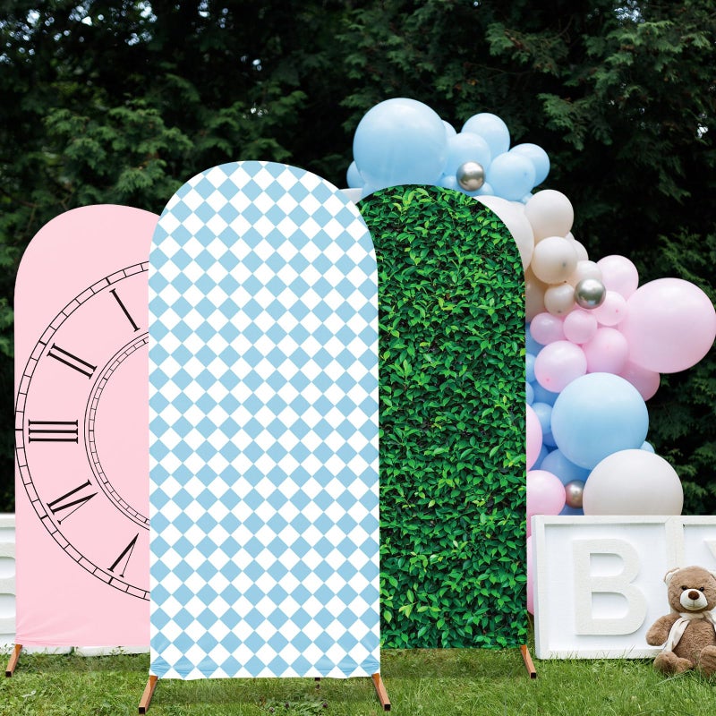 RimCereal 3 Set Wonderland Tea Party Spandex Stretch Arch Cover Backdrops Wonderland Tea Party Photo Background Checkered Grass Arch Stand Cover Photo Props for Birthday(Sweet Color,Fresh) - Image 5