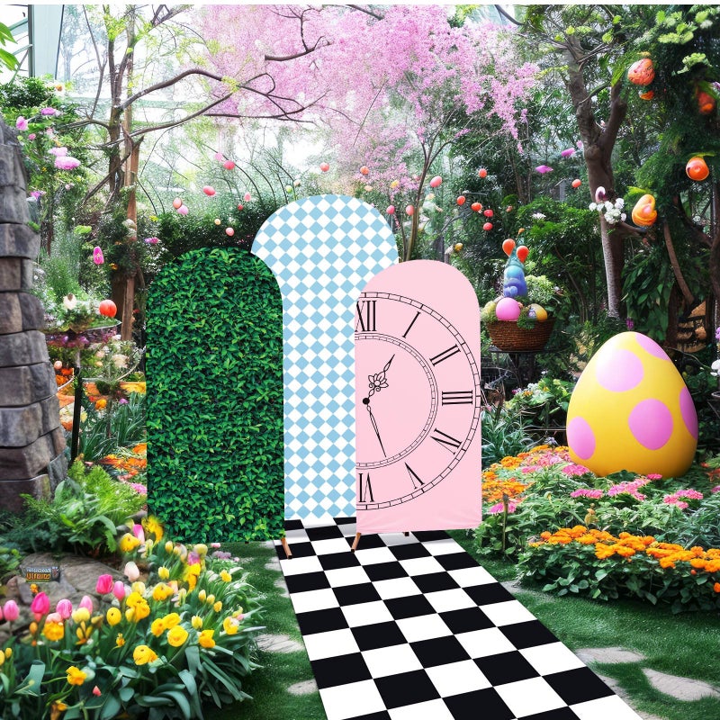 RimCereal 3 Set Wonderland Tea Party Spandex Stretch Arch Cover Backdrops Wonderland Tea Party Photo Background Checkered Grass Arch Stand Cover Photo Props for Birthday(Sweet Color,Fresh) - Image 4