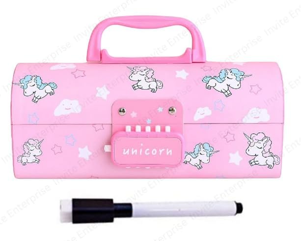 Invite Enterprise Pink Plastic Pencil Case & Pencil Box for Kids, Multi-Layer, Password-Locked, Stationery Organizer - Image 1