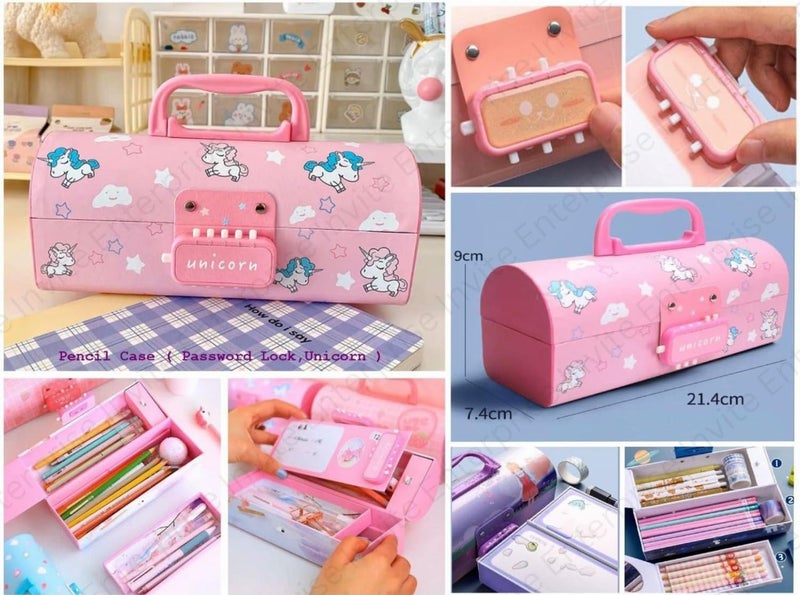 Invite Enterprise Pink Plastic Pencil Case & Pencil Box for Kids, Multi-Layer, Password-Locked, Stationery Organizer - Image 5