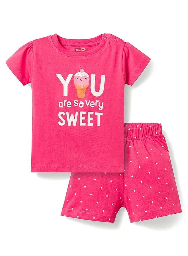 Babyhug Babyhug Cotton Knit Half Sleeves T-Shirt & Short Night Suit with Ice Cream Print - Pink