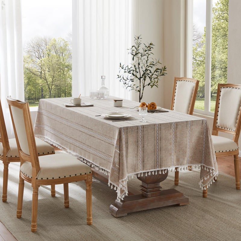 ZeeMart Hemstitched Embroidery Striped Boho Tablecloth 54x70 Inch Natural, Heavy Weight Farmhouse Burlap Linen Neutral Tablecloth, Wrinkle Resistant Washable Table Cloth for Rectangle Table - Image 2