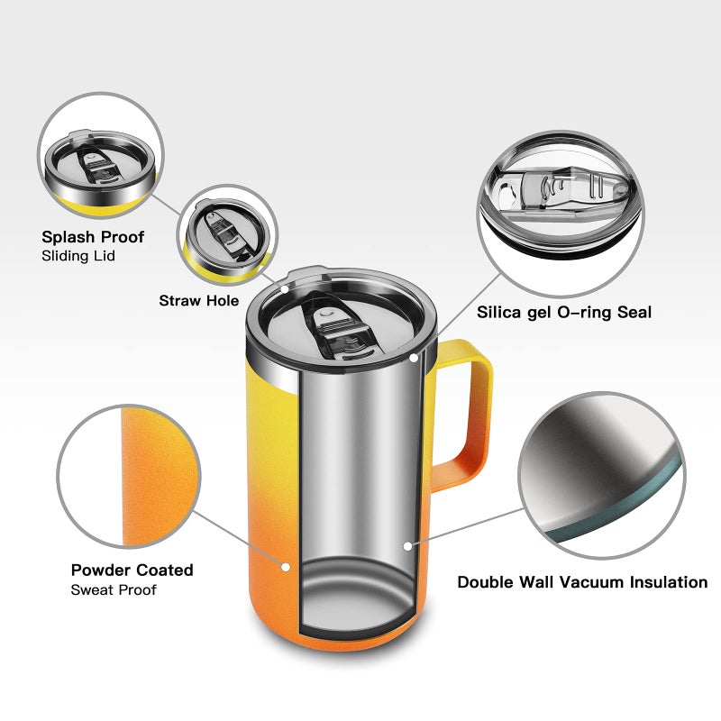 KXIAOCHEN 20oz Insulated Coffee Mug with Lid, Stainless Steel Coffee Cup, Double Wall Vacuum Coffee Tumbler with Handle, Premium Thermal Travel Coffee Mug (Mango Yellow) - Image 5