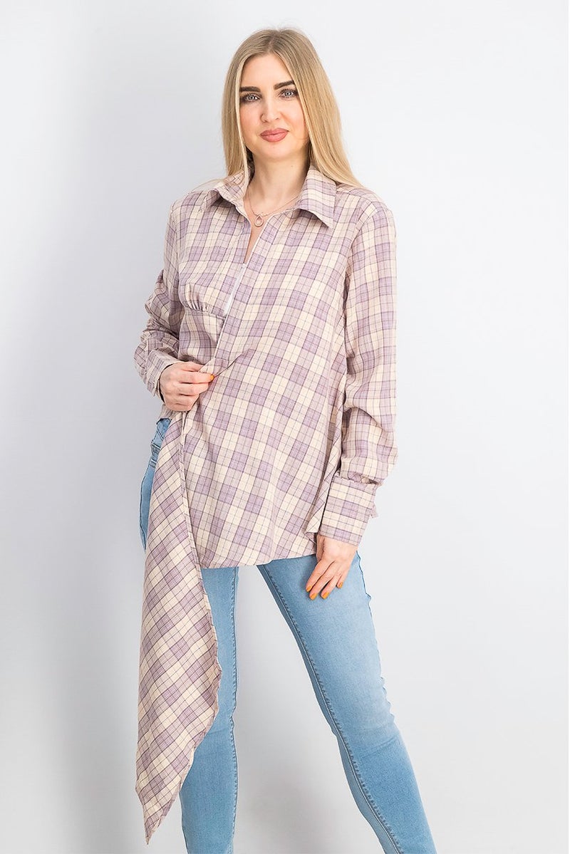 Missguided Women Tall Spread Collar Long Sleeves Checkered Draped Blouse, Purple - Image 1
