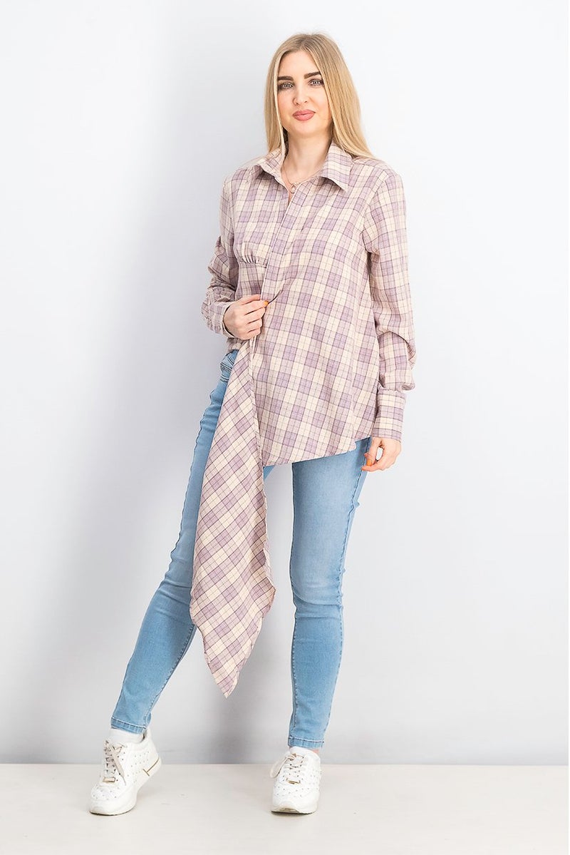Missguided Women Tall Spread Collar Long Sleeves Checkered Draped Blouse, Purple - Image 3