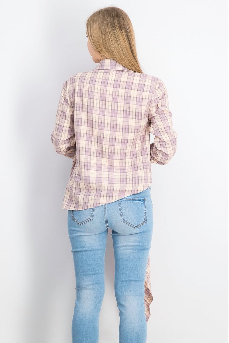 Missguided Women Tall Spread Collar Long Sleeves Checkered Draped Blouse, Purple - Image 4