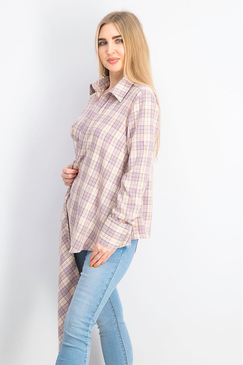 Missguided Women Tall Spread Collar Long Sleeves Checkered Draped Blouse, Purple - Image 2