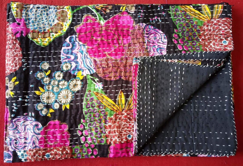 Textile export creations إبداعات تصدير الأقمشة إبداعات تقليدية عرقية قنطة هندية مفروشات فردية زمردية من القطن استوائي فواكه مخيطة يدويًا غطاء سرير بواسطة إبداعات تصدير الأقمشة 90x60 بوصة - Image 3