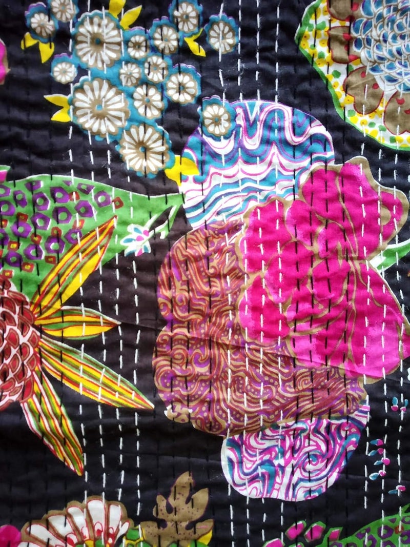 Textile export creations إبداعات تصدير الأقمشة إبداعات تقليدية عرقية قنطة هندية مفروشات فردية زمردية من القطن استوائي فواكه مخيطة يدويًا غطاء سرير بواسطة إبداعات تصدير الأقمشة 90x60 بوصة - Image 4