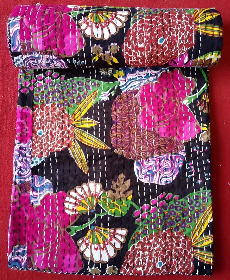 Textile export creations إبداعات تصدير الأقمشة إبداعات تقليدية عرقية قنطة هندية مفروشات فردية زمردية من القطن استوائي فواكه مخيطة يدويًا غطاء سرير بواسطة إبداعات تصدير الأقمشة 90x60 بوصة - Image 1