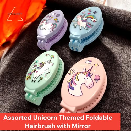 Vitalogy Unicorn Design Foldable Hair Brush with Mirror - Detangler for All Hair Types (Wet, Dry, Curly & Damaged Hair) - Perfect for Girls - Assorted Colours (Blue) - Image 3