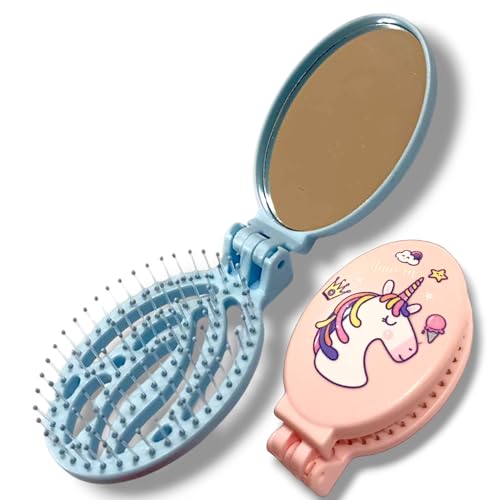 Vitalogy Unicorn Design Foldable Hair Brush with Mirror - Detangler for All Hair Types (Wet, Dry, Curly & Damaged Hair) - Perfect for Girls - Assorted Colours (Blue) - Image 1