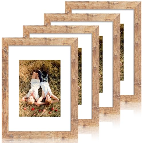 iRahmen 9x12 Picture Frame Set of 4 with Tempered Glass, Rustic Brown Frame Display 6x8 Pictures with Mat or 9 x 12 Without Mat, Wooden 9 x 12 Photo Frame for Wall Mount and Tabletop Display - Image 1