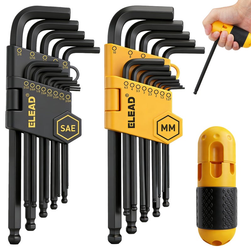 ELEAD Allen Wrench Hex Key Set Premium 27pcs Durable Hex Key Set with Grip Handle Long and Short Arm with Ball End Metric SAE Size Allen Key Set Organized Storage