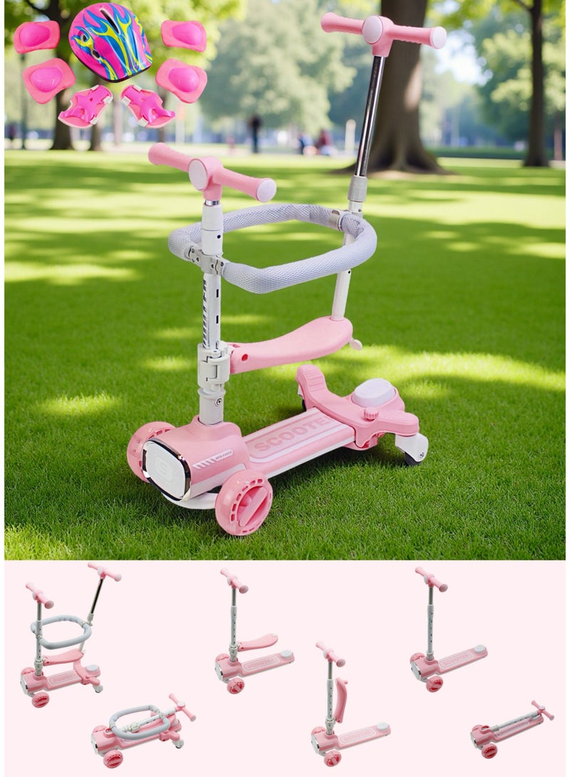 سكوتر أطفال قابل للطي 4 في 1 مع مقود قابل للتعديل ومقعد قابل للإزالة وقضيب دفع للوالدين وسياج للأطفال 360 درجة وسكوتر ركل ثلاثي العجلات للأطفال الصغار للأولاد والبنات من عمر 1 إلى 12 عامًا بما في ذلك مجموعة معدات الحماية الكاملة - Image 1