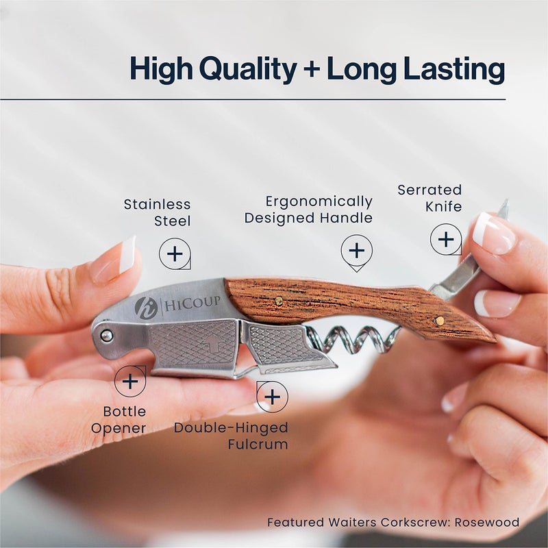 HiCoup Kitchenware Hicoup Wine Opener - Professional Corkscrews for Wine Bottles w/Foil Cutter and Cap Remover - Manual Wine Key for Servers, Waiters, Bartenders and Home Use - Stainless Steel With Sandalwood - Image 2