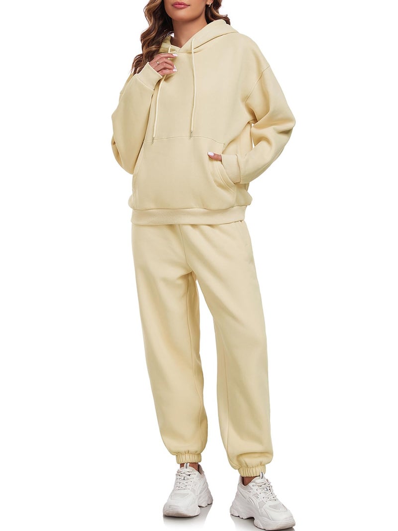 HOTIAN Womens Fleece 2 Piece Outfits Sweatsuit Pullover Sweatshirt Hoodie and Joggers Sweatpants Tracksuit Sets Apricot - Image 1