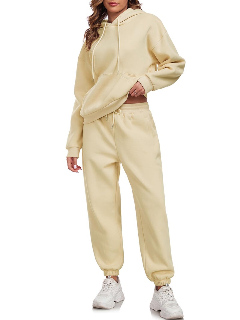 HOTIAN Womens Fleece 2 Piece Outfits Sweatsuit Pullover Sweatshirt Hoodie and Joggers Sweatpants Tracksuit Sets Apricot - Image 3