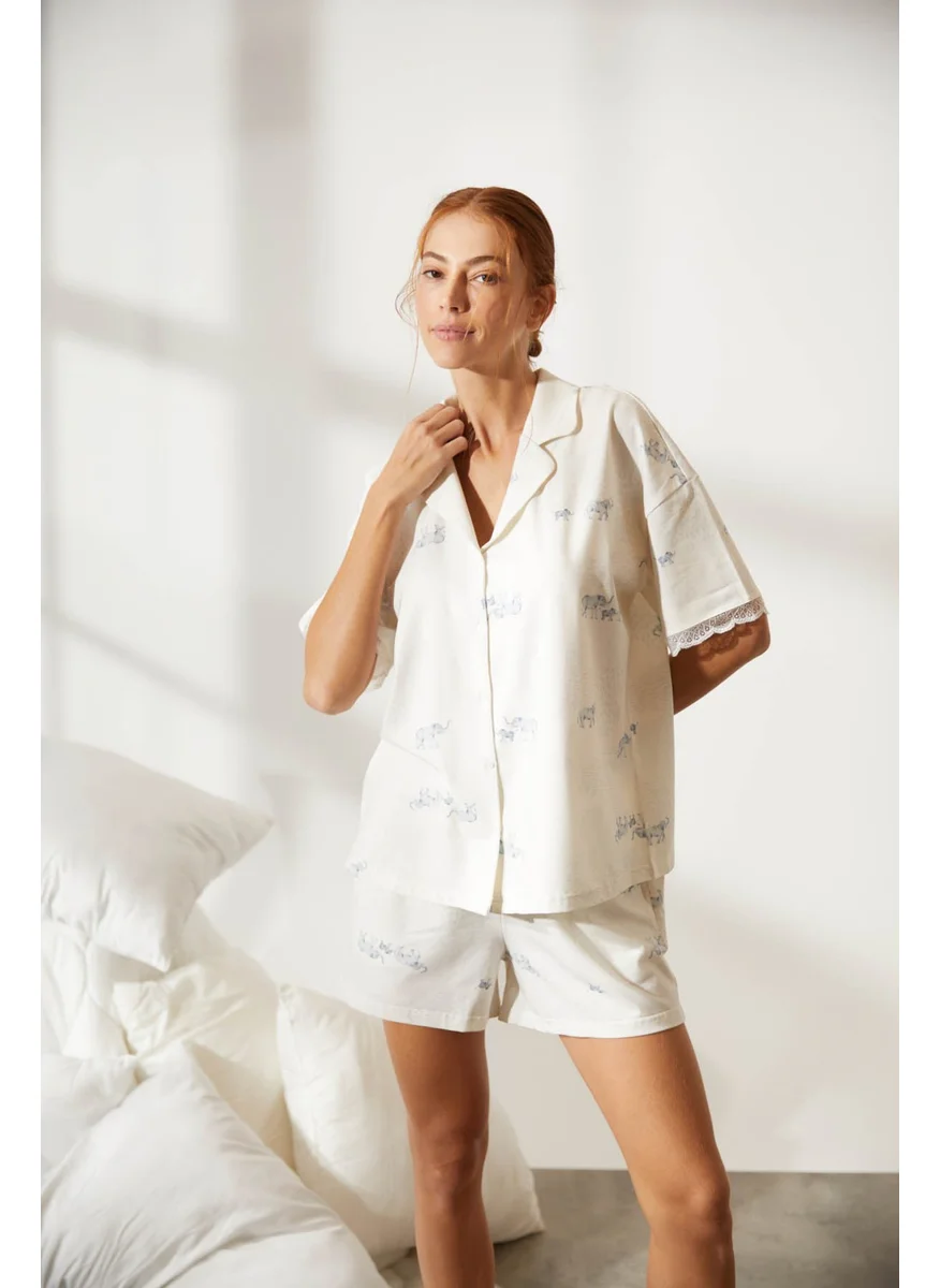 Hays Women's Cotton Shirt Collar Lace Detail Pajama Top