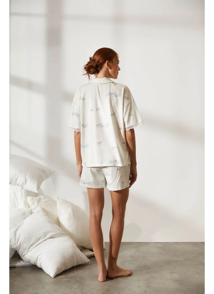 Hays Women's Cotton Shirt Collar Lace Detail Pajama Top