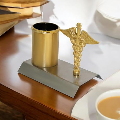 Presta Gifts Doctor Pen stand Stainless Steel Pen, Pencil Holder Stand Organizer with attached Doctor Symbol/Caduceus for Doctor's Office Desk (Gold & Silver, 12 x 7.5 x 10 Cm) - Image 3