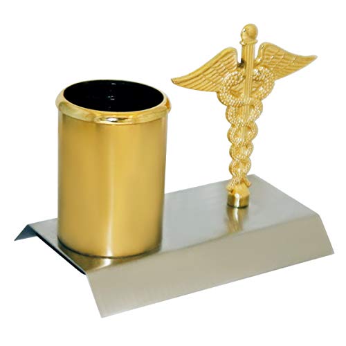 Presta Gifts Doctor Pen stand Stainless Steel Pen, Pencil Holder Stand Organizer with attached Doctor Symbol/Caduceus for Doctor's Office Desk (Gold & Silver, 12 x 7.5 x 10 Cm) - Image 4