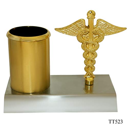 Presta Gifts Doctor Pen stand Stainless Steel Pen, Pencil Holder Stand Organizer with attached Doctor Symbol/Caduceus for Doctor's Office Desk (Gold & Silver, 12 x 7.5 x 10 Cm) - Image 2