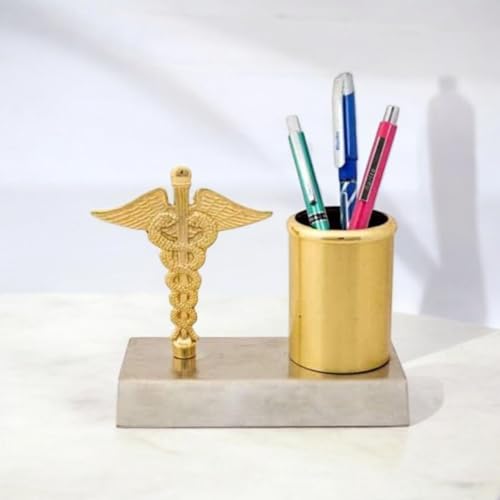 Presta Gifts Doctor Pen stand Stainless Steel Pen, Pencil Holder Stand Organizer with attached Doctor Symbol/Caduceus for Doctor's Office Desk (Gold & Silver, 12 x 7.5 x 10 Cm) - Image 1
