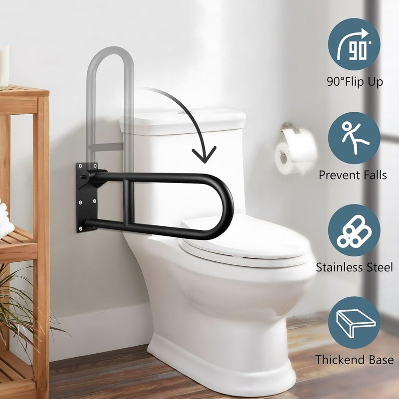 WochiTV 23.6 INCH Stainless Toilet Safety Rails, Matte Black Handicap Grab Bars for Elderly, Disabled Flip-Up Bathroom Grab Bar, Toilet Handrails Hand Grips Handle Shower Assist Aid - Image 2