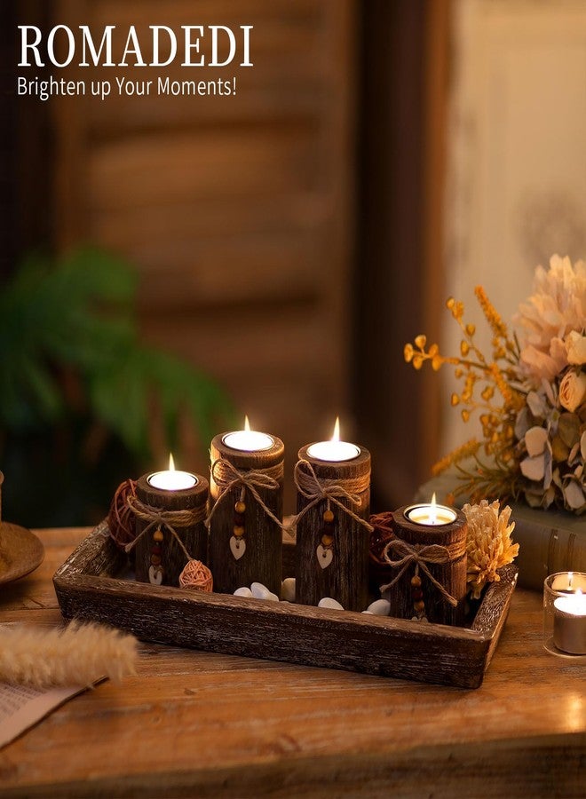 Romadedi Farmhouse Coffee Table Decor Candle Holder - Romadedi Boho Wooden Tray with 4 Tealight Candles Holders for Tables Centerpiece Home Decorations Living Room Fireplace Kitchen - Image 4