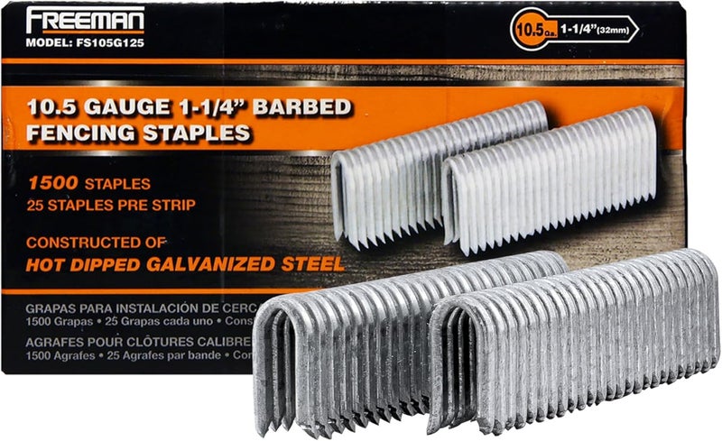Freeman 10.5-Gauge 1-1/4" Fencing Staples | Glue Collated | Galvanized Steel | 1,500 Count | for Livestock Fencing, Pet Enclosures, Trellising, Deer Control & Farm Use | FS105G125 - Image 1