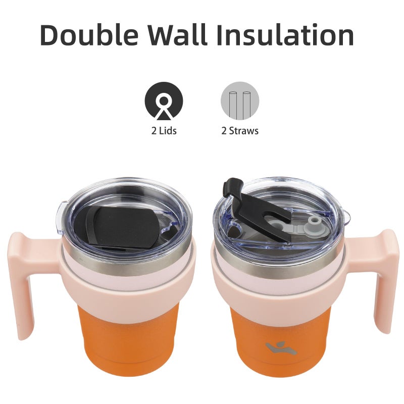 Konokyo 10 oz Tumbler with Handle and 2 Straw 2 Lid, Insulated Water Bottle Stainless Steel Vacuum Cup Reusable Travel Mug,Coral - Image 3
