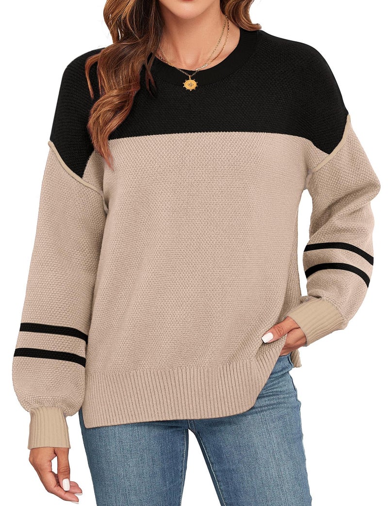 WEACZZY Women's Oversized Pullover Sweater Soft Comfy Crew Neck Lantern Sleeve Side Slit Ribbed Knit Sweatshirt Color-Block Trim Clothes Slim Fit Double Khaki, S - Image 2