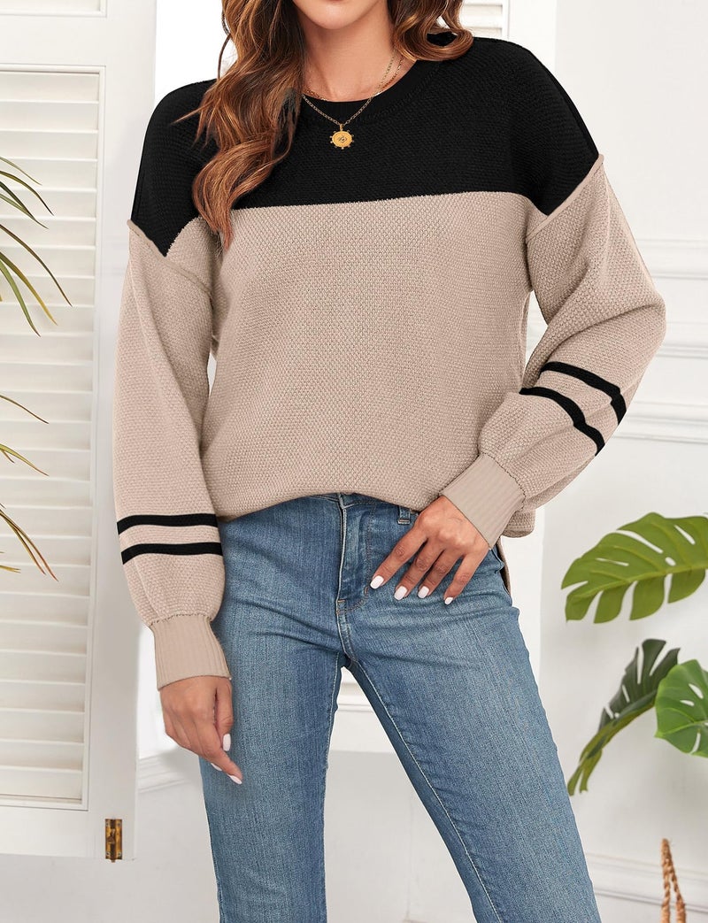WEACZZY Women's Oversized Pullover Sweater Soft Comfy Crew Neck Lantern Sleeve Side Slit Ribbed Knit Sweatshirt Color-Block Trim Clothes Slim Fit Double Khaki, S - Image 3