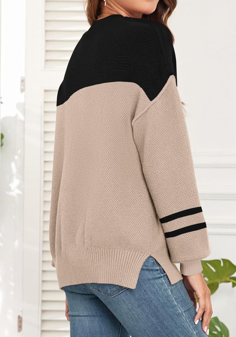 WEACZZY Women's Oversized Pullover Sweater Soft Comfy Crew Neck Lantern Sleeve Side Slit Ribbed Knit Sweatshirt Color-Block Trim Clothes Slim Fit Double Khaki, S - Image 5