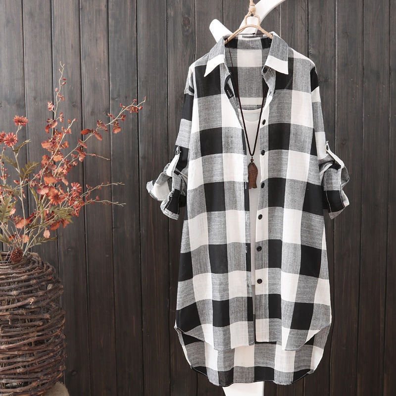 2023 sun protection shirt womens long size womens loose slimming plaid shirt womens coat 856# Blue and White - Image 2