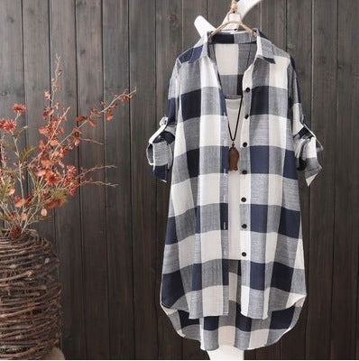 2023 sun protection shirt womens long size womens loose slimming plaid shirt womens coat 856# Blue and White - Image 1