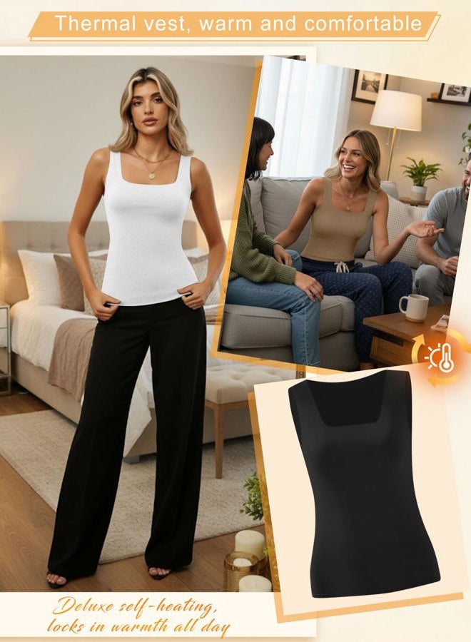 Yearntown 4 Pack Women's Thermal Fleece Sleeveless Tank Tops, Square Neck Slim Fit Camisole Warm Base Layer Underwear Vest, Light Pink, Khaki, White, Black, XXL - Image 4