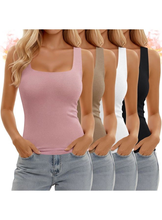 Yearntown 4 Pack Women's Thermal Fleece Sleeveless Tank Tops, Square Neck Slim Fit Camisole Warm Base Layer Underwear Vest, Light Pink, Khaki, White, Black, XXL - Image 1