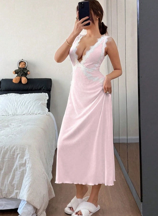 Lace Trim V-Neck Backless Long Nightgown For Women - Image 1