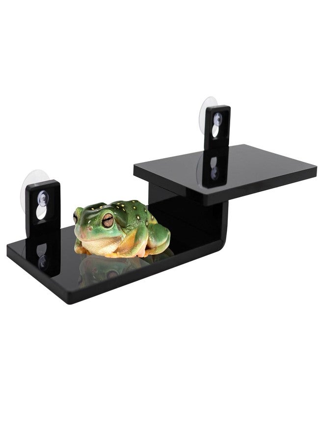 Neeenn Frog Basking Platform with Suction Cup, Black Acrylic Double Ledge Platform for Reptile, Tank and Aquarium Accessories for Small Animals Tree Frogs Crested Gecko Lizards Axolotl - 7.3 x 2.4 x 1 Inch - Image 1