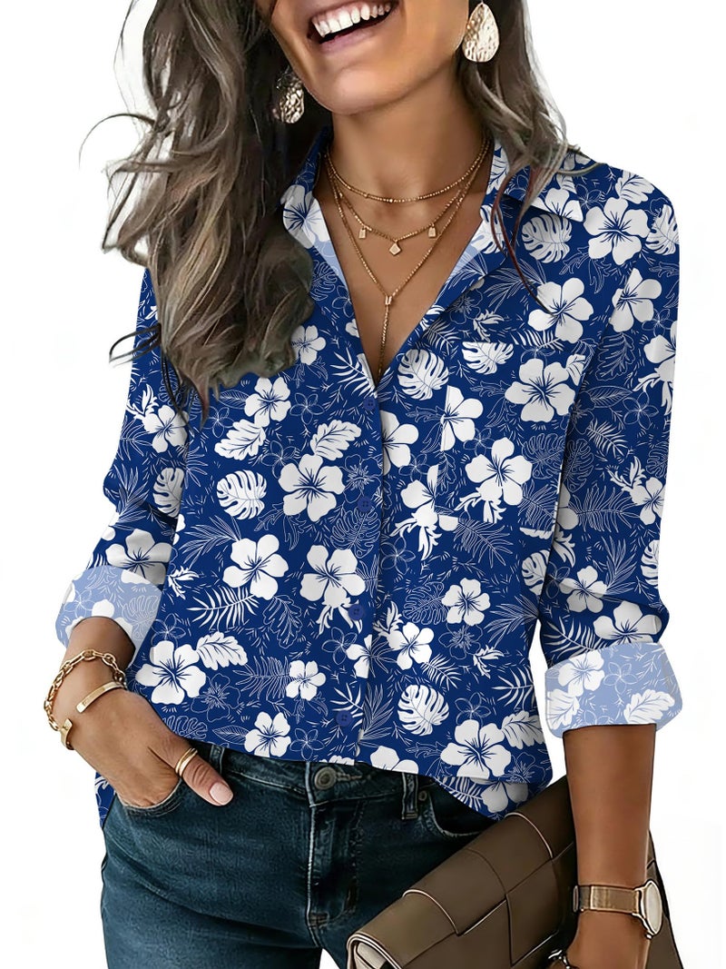 HOTOUCH Womens Long Sleeve Shirts Floral Button Down Blouses Business Casual Work Tops Office Clothes Dressy Fashion XL - Image 1