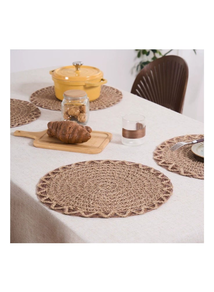 4 Pieces Round Jute Woven Placemats - Heat Resistant Table Mats with Hollow Out Design, Non-Slip & Decorative Dinner Plate Pads for Kitchen Dining Table (38cm,Natural Brown) - Image 2