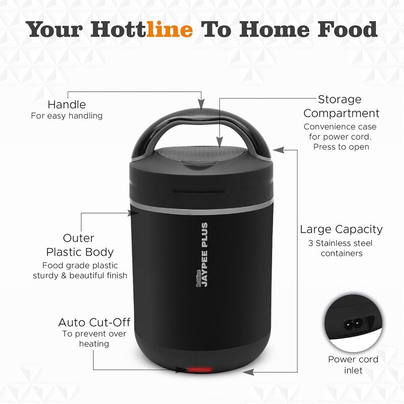 JAYPEE PLUS هوتلاين 3-320X3 مل ستانلس ستيل داخلي | هيكل بلاستيكي خارجي | صندوق غداء كهربائي للمكتب | تصميم مضاد للصدمات | خالي من BPA | إعادة تسخين الطعام في 30 دقيقة | حافظة مريحة لكابل الطاقة، أسود - Image 3